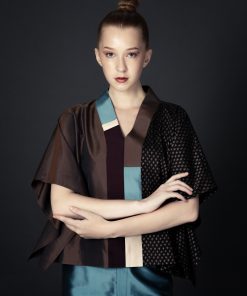 Mudmee White Star Patch Work Brown Silk Tops